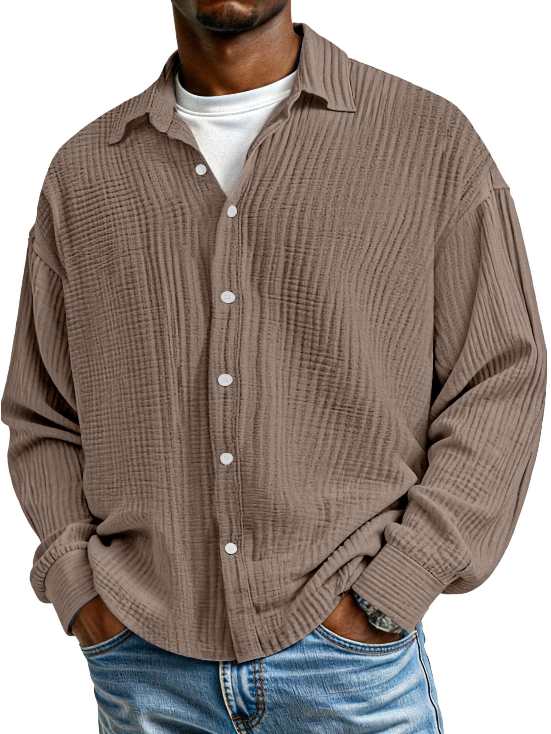 Men's Simple Solid Color Pure Cotton Pleated Loose Long-sleeved Shirt