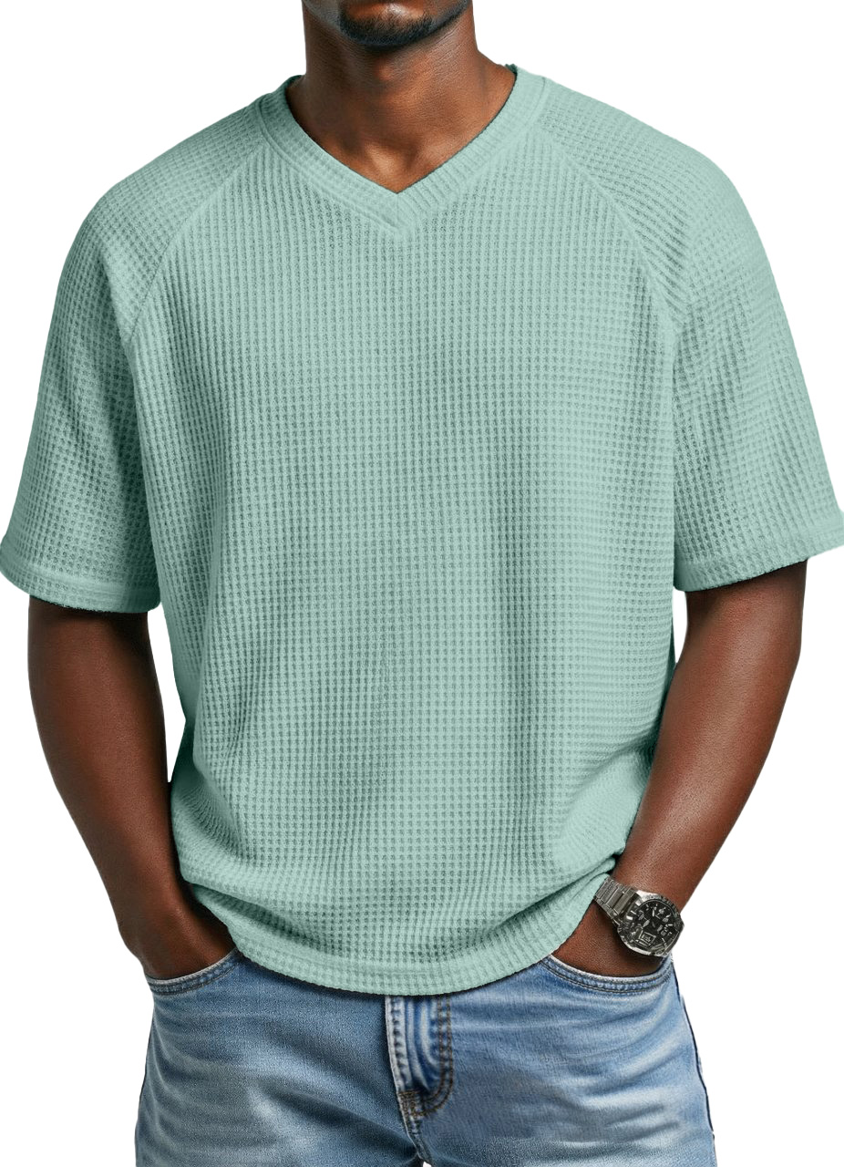 Men's fashionable waffle-knit raglan sleeve V-neck short-sleeved T-shirt