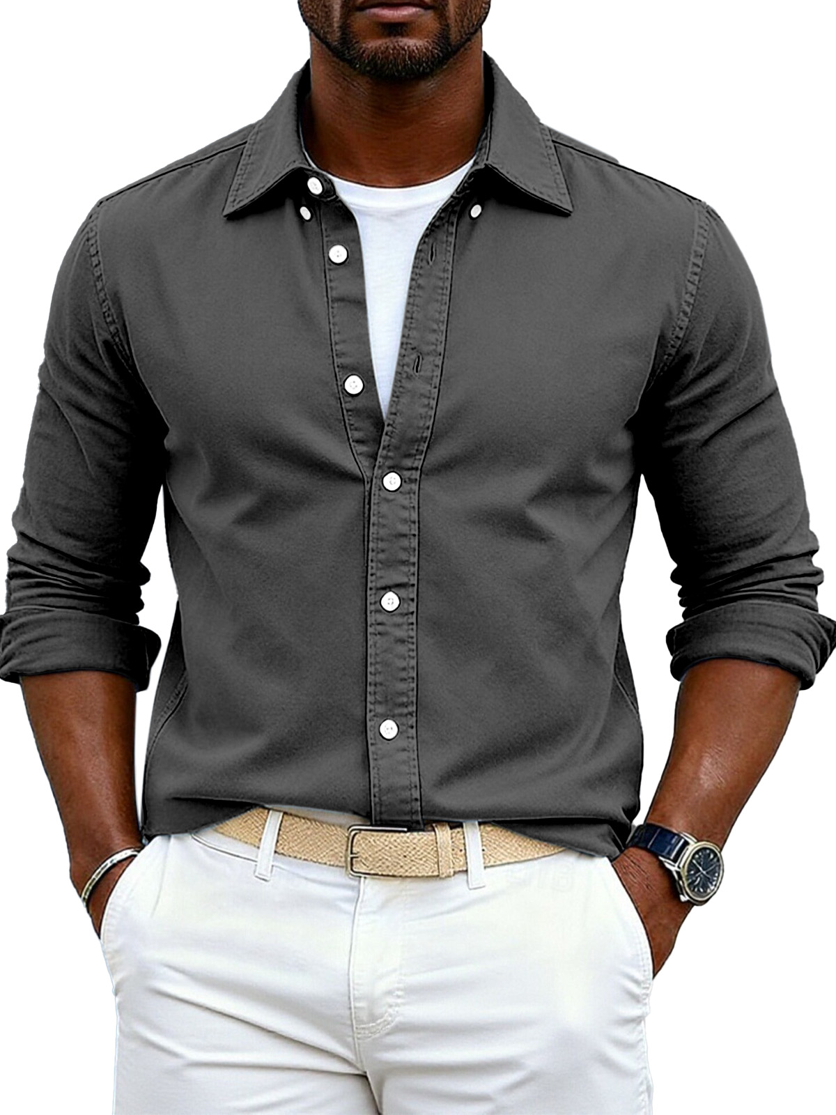 Men's Simple Casual Festive Loose Lapel Button Long Sleeve Shirt