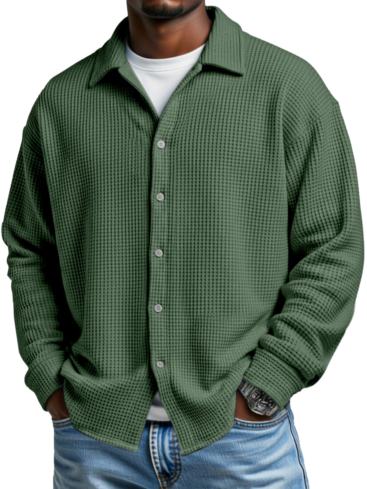 Men's Simple Solid Color Waffle Casual Loose Long-sleeved Shirt