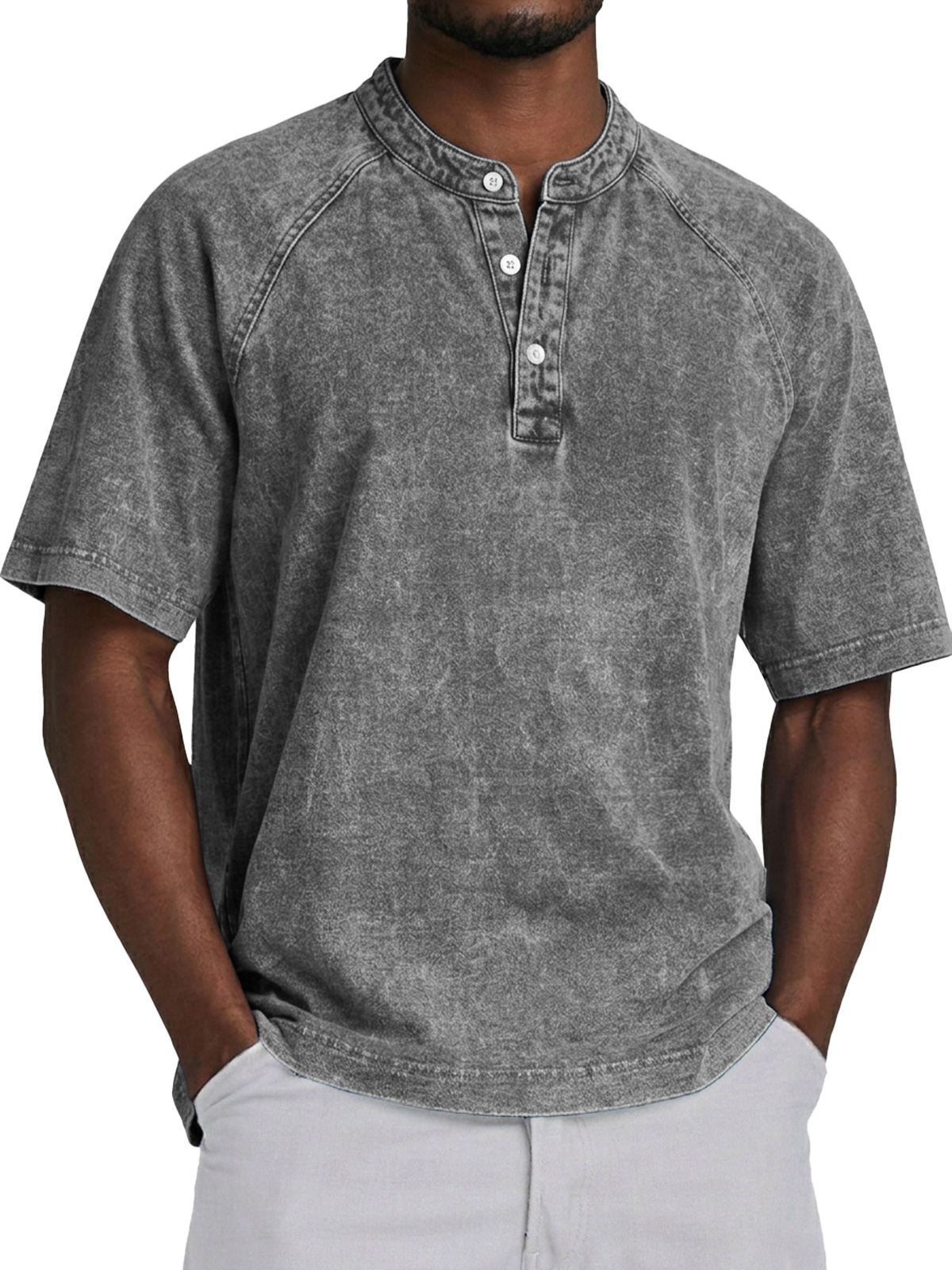 Men's Retro Raglan Collar Button Casual Short Sleeve Henley Shirt