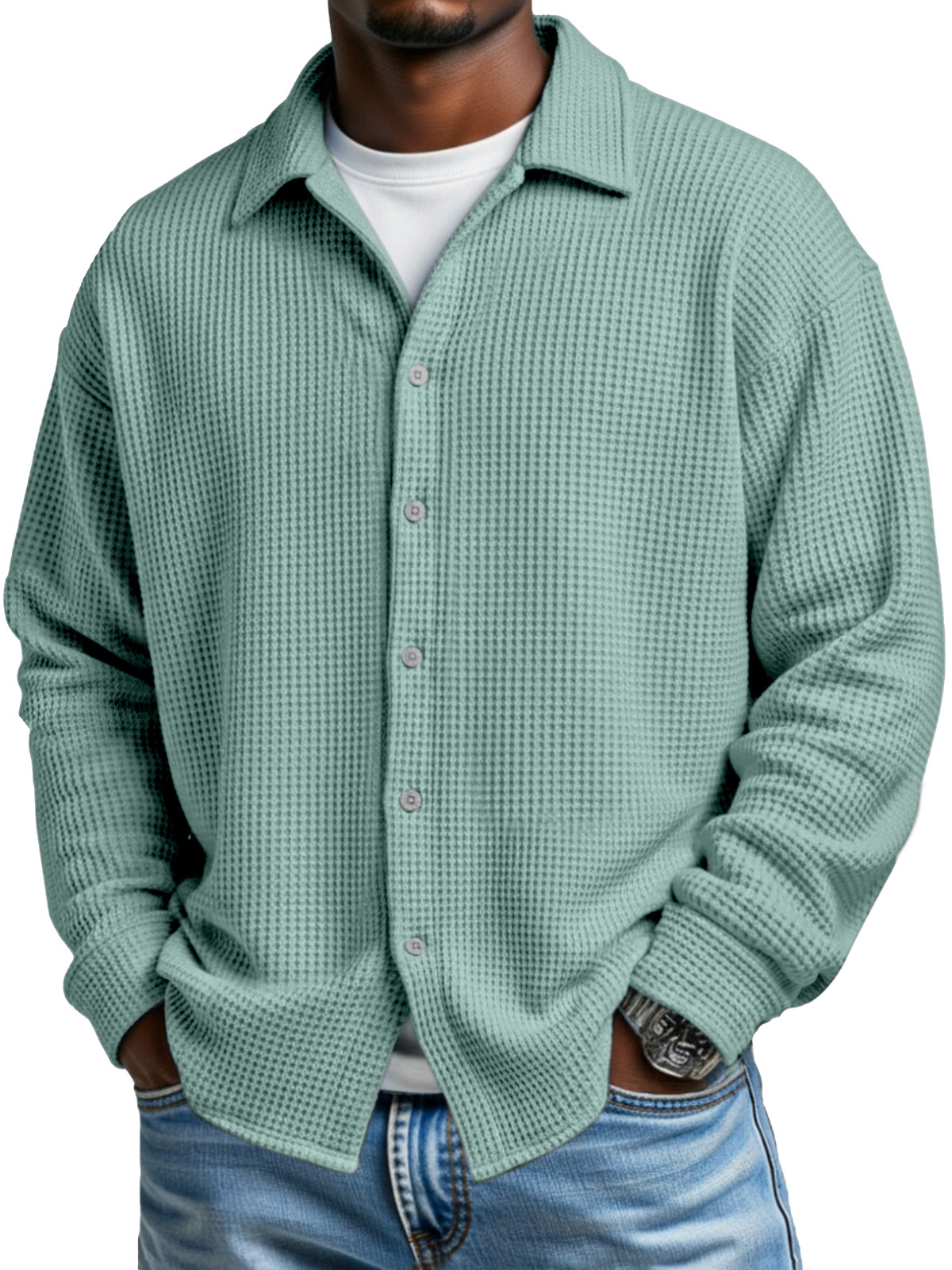 Men's Simple Solid Color Waffle Casual Loose Long-sleeved Shirt