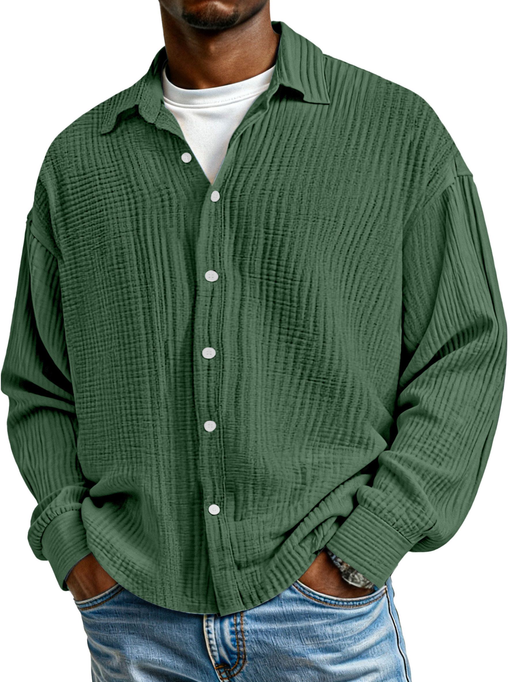 Men's Simple Solid Color Pure Cotton Pleated Loose Long-sleeved Shirt