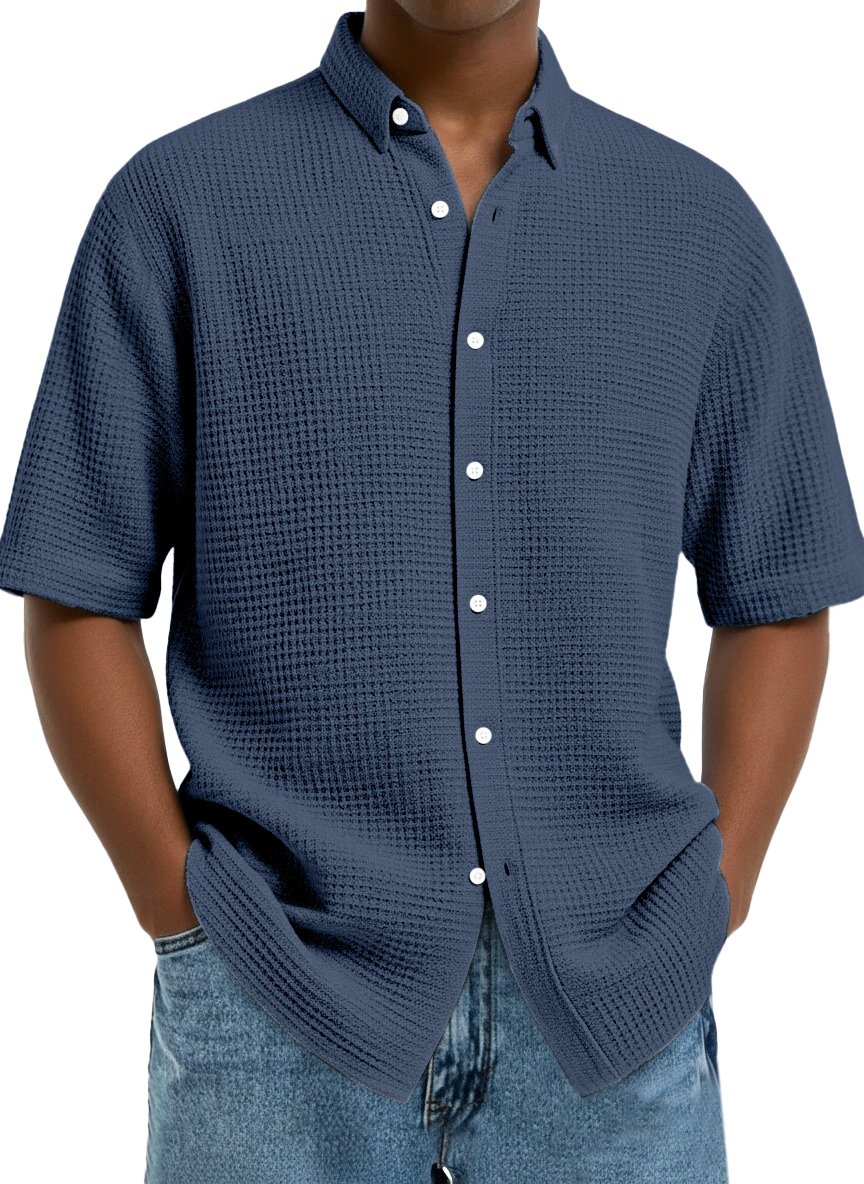 Men's Casual Simple Solid Color Waffle Short Sleeve Shirt