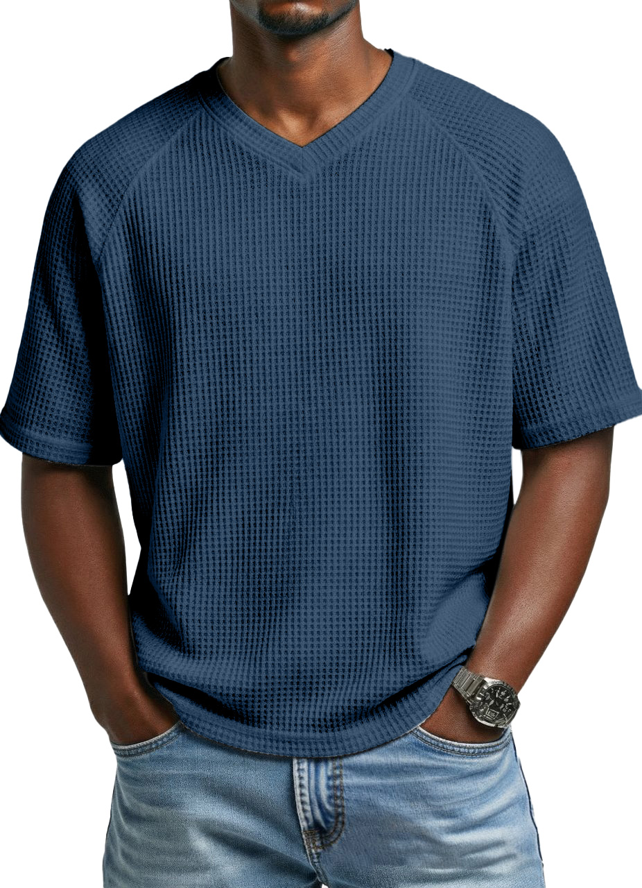 Men's fashionable waffle-knit raglan sleeve V-neck short-sleeved T-shirt