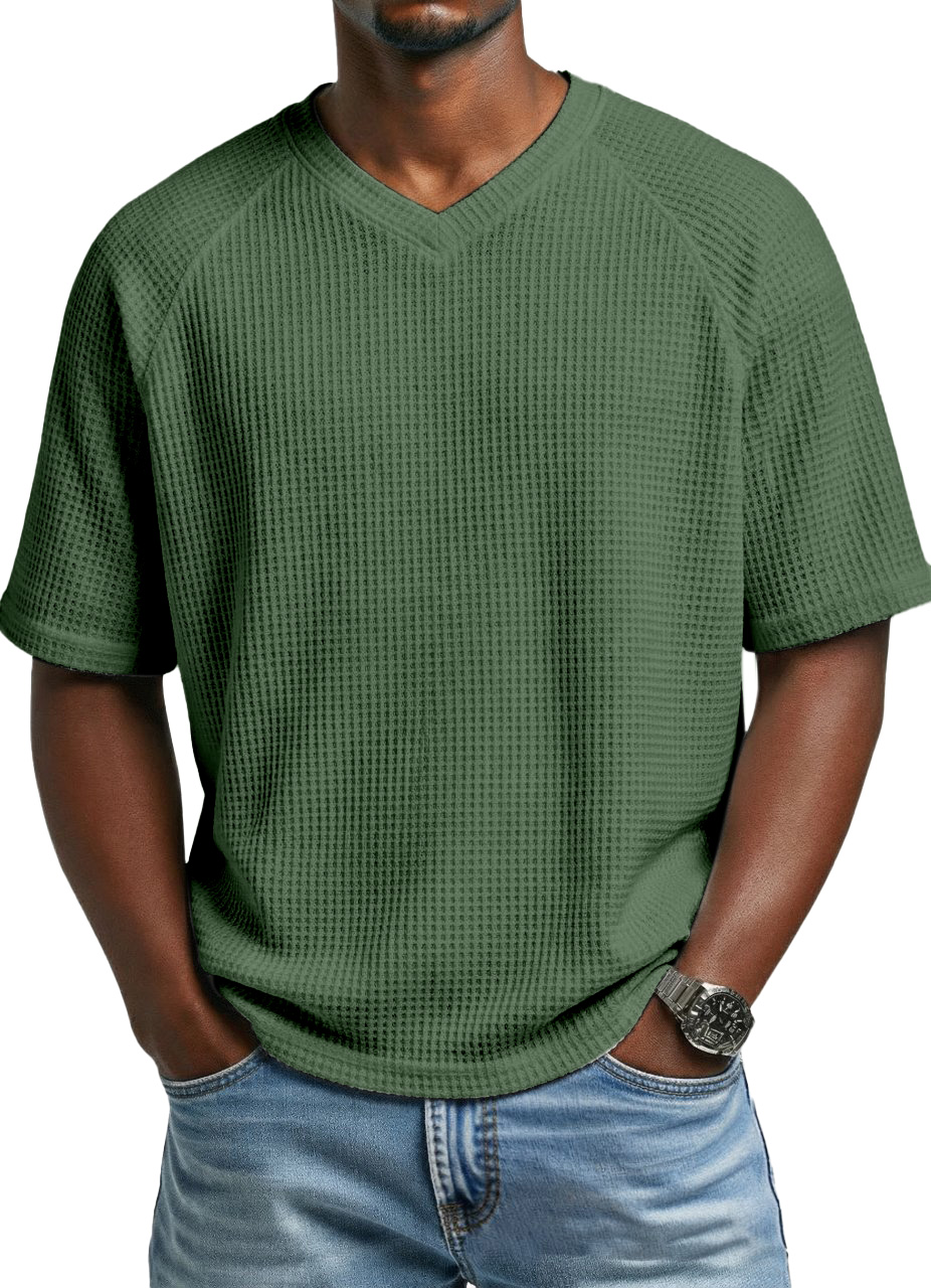 Men's fashionable waffle-knit raglan sleeve V-neck short-sleeved T-shi