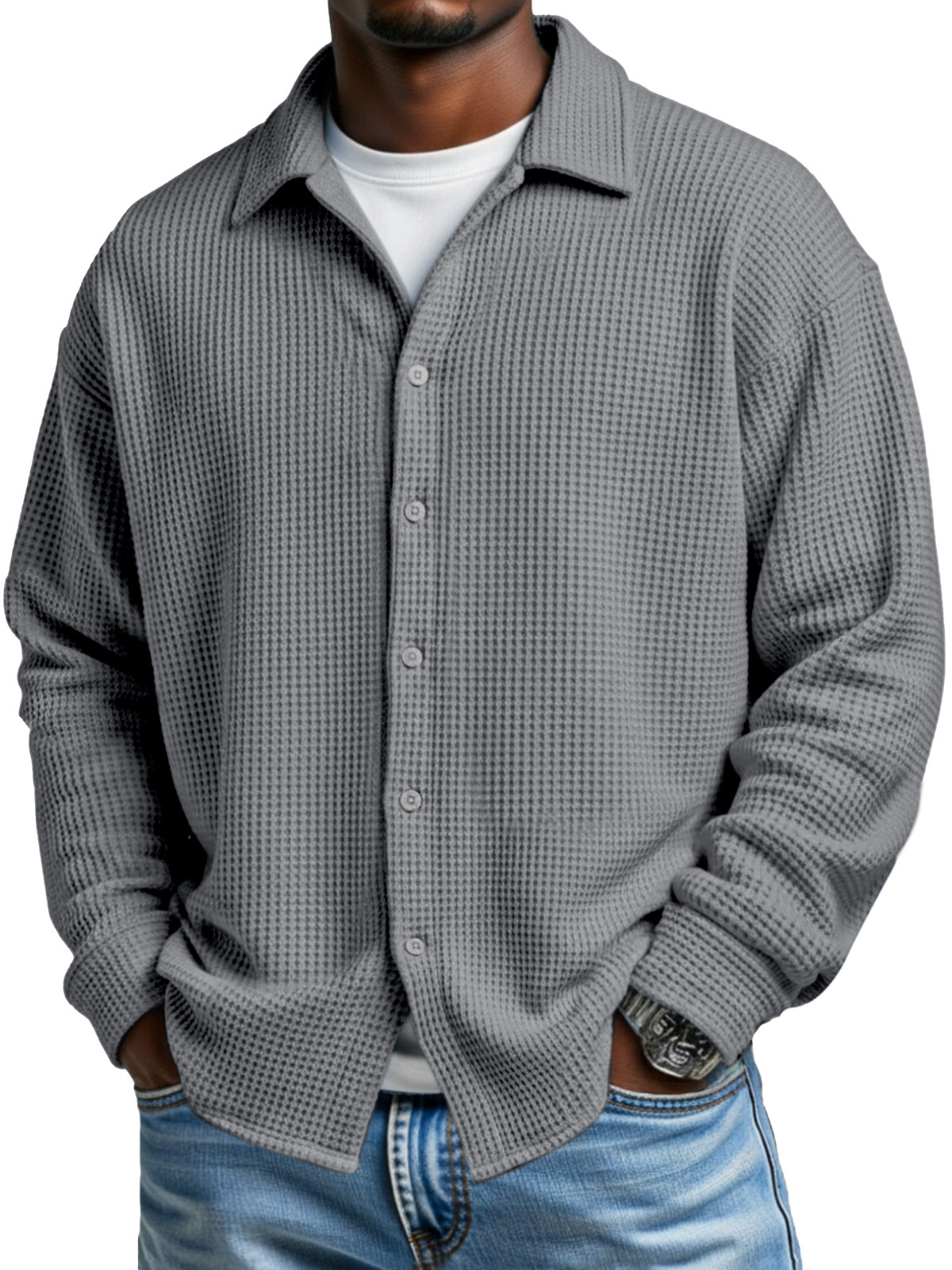 Men's Simple Solid Color Waffle Casual Loose Long-sleeved Shirt
