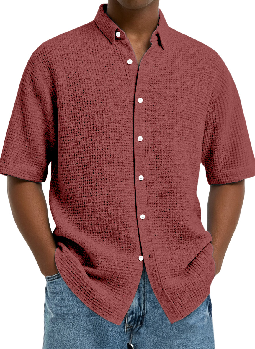 Men's Casual Simple Solid Color Waffle Short Sleeve Shirt