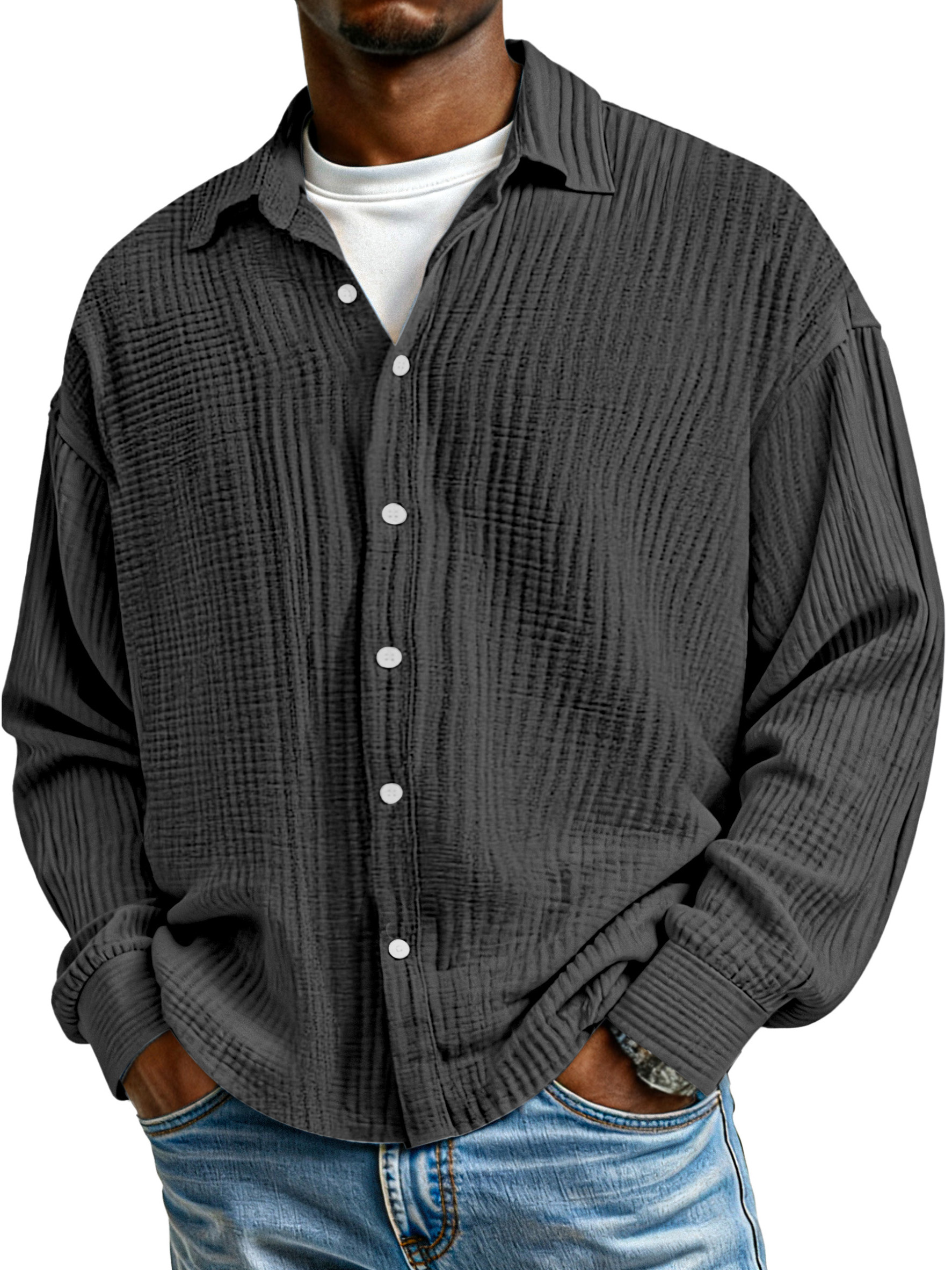 Men's Simple Solid Color Pure Cotton Pleated Loose Long-sleeved Shirt