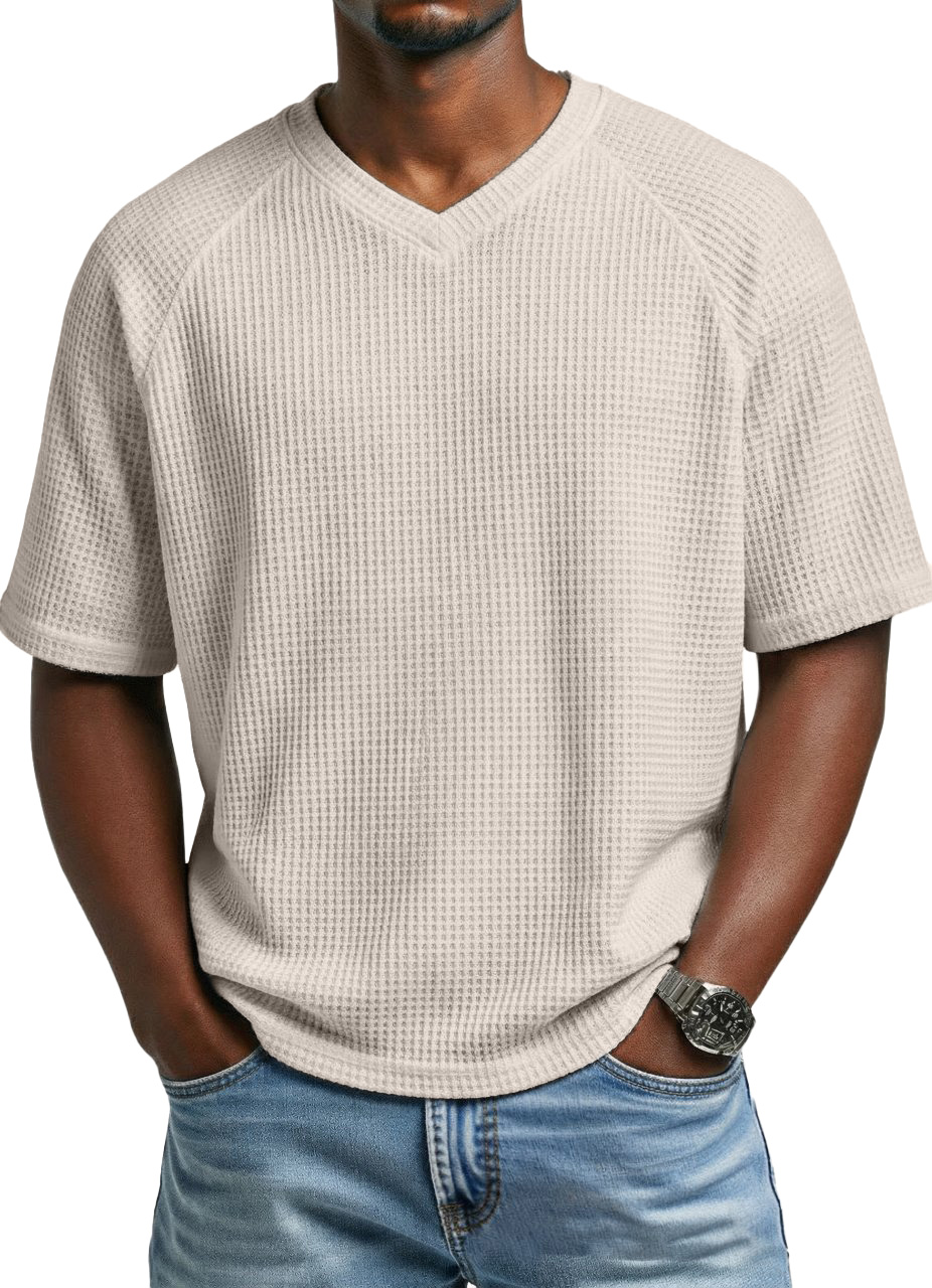 Men's fashionable waffle-knit raglan sleeve V-neck short-sleeved T-shirt