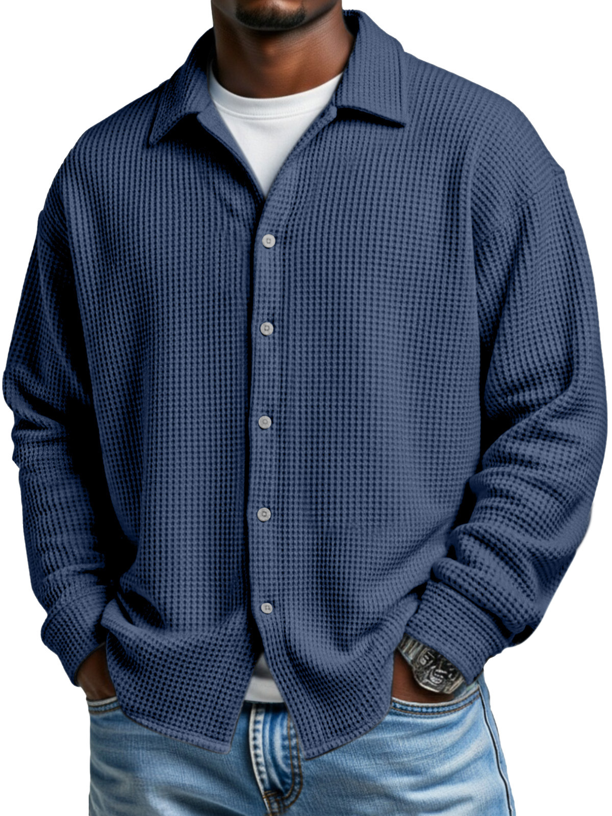 Men's Simple Solid Color Waffle Casual Loose Long-sleeved Shirt