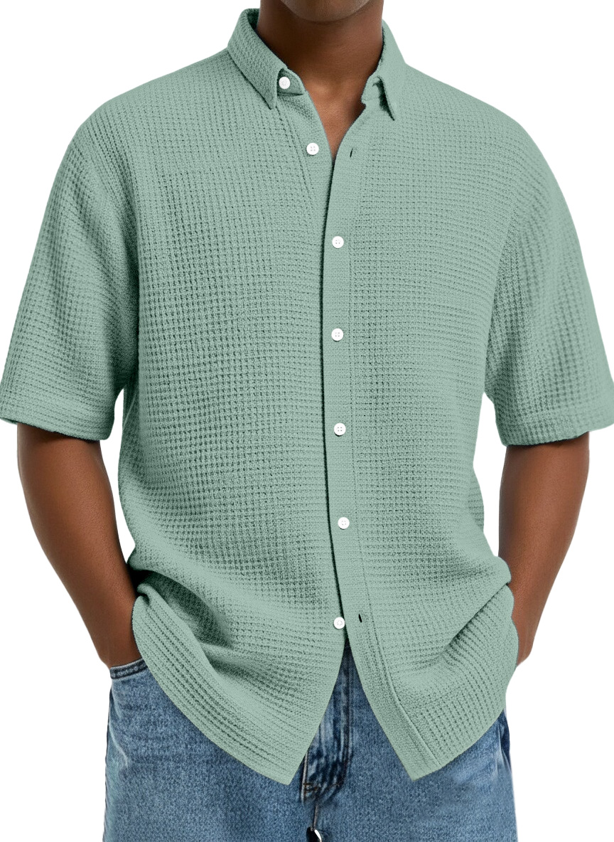 Men's Casual Simple Solid Color Waffle Short Sleeve Shirt