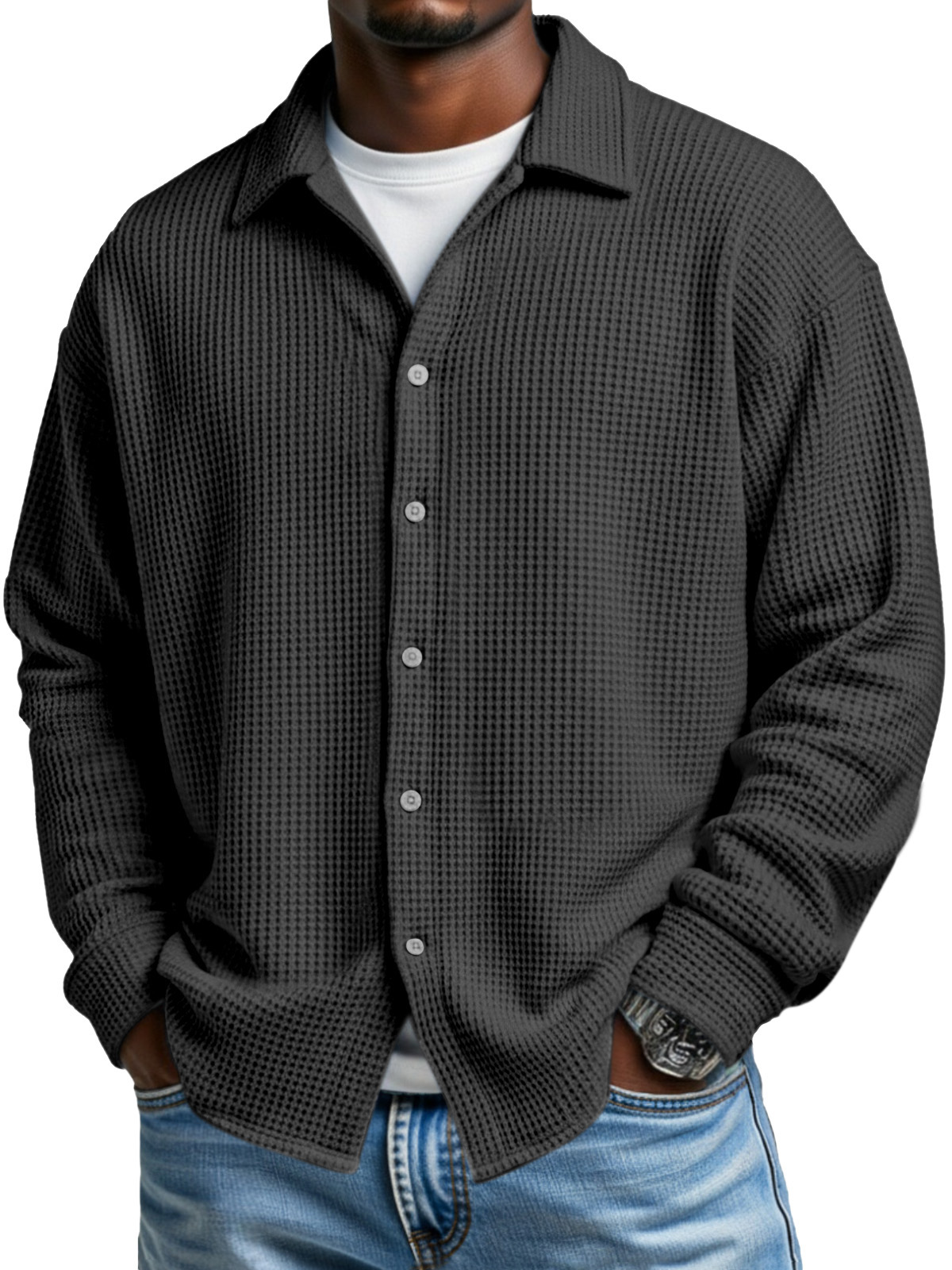 Men's Simple Solid Color Waffle Casual Loose Long-sleeved Shirt