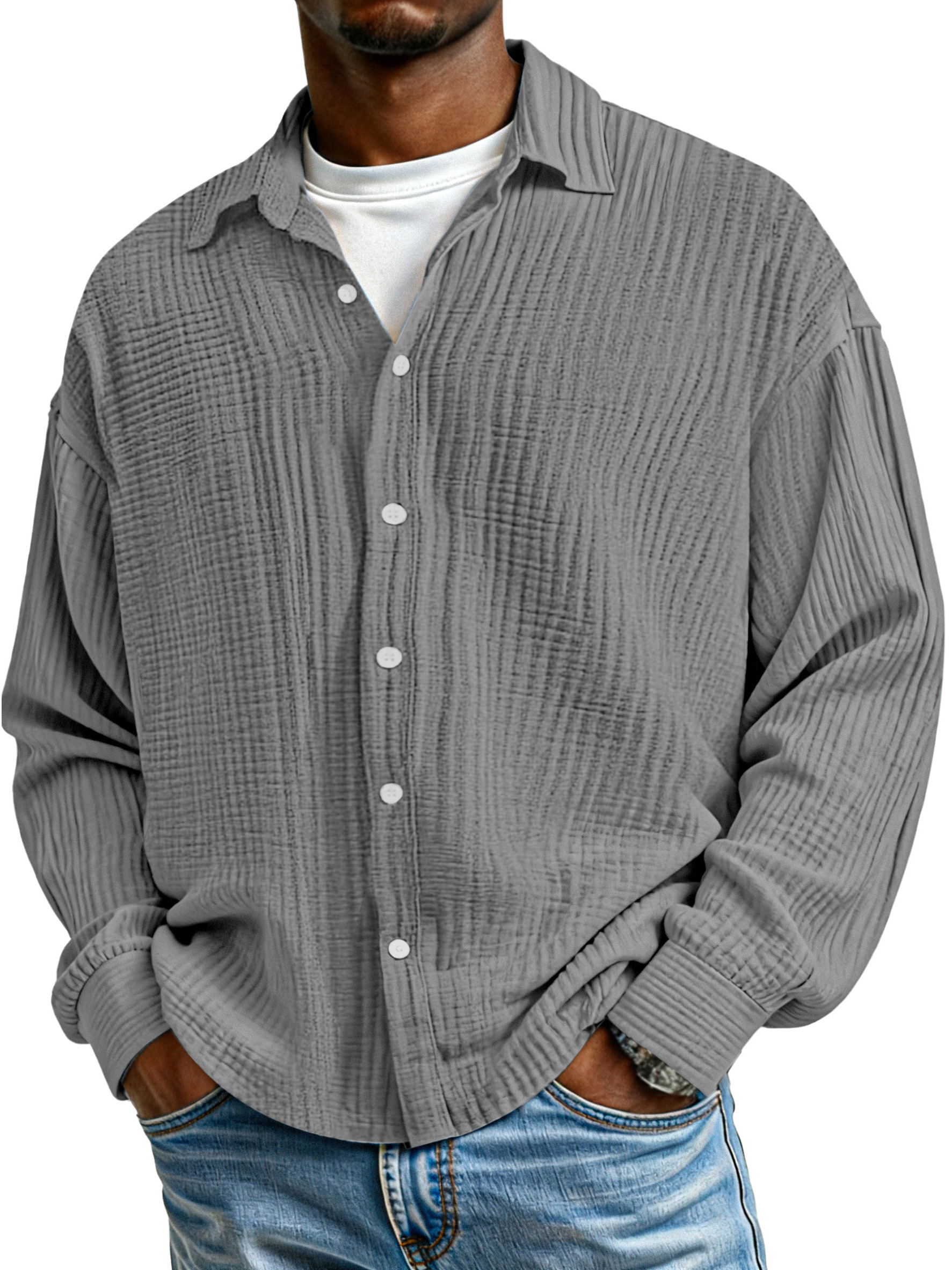 Men's Simple Solid Color Pure Cotton Pleated Loose Long-sleeved Shirt