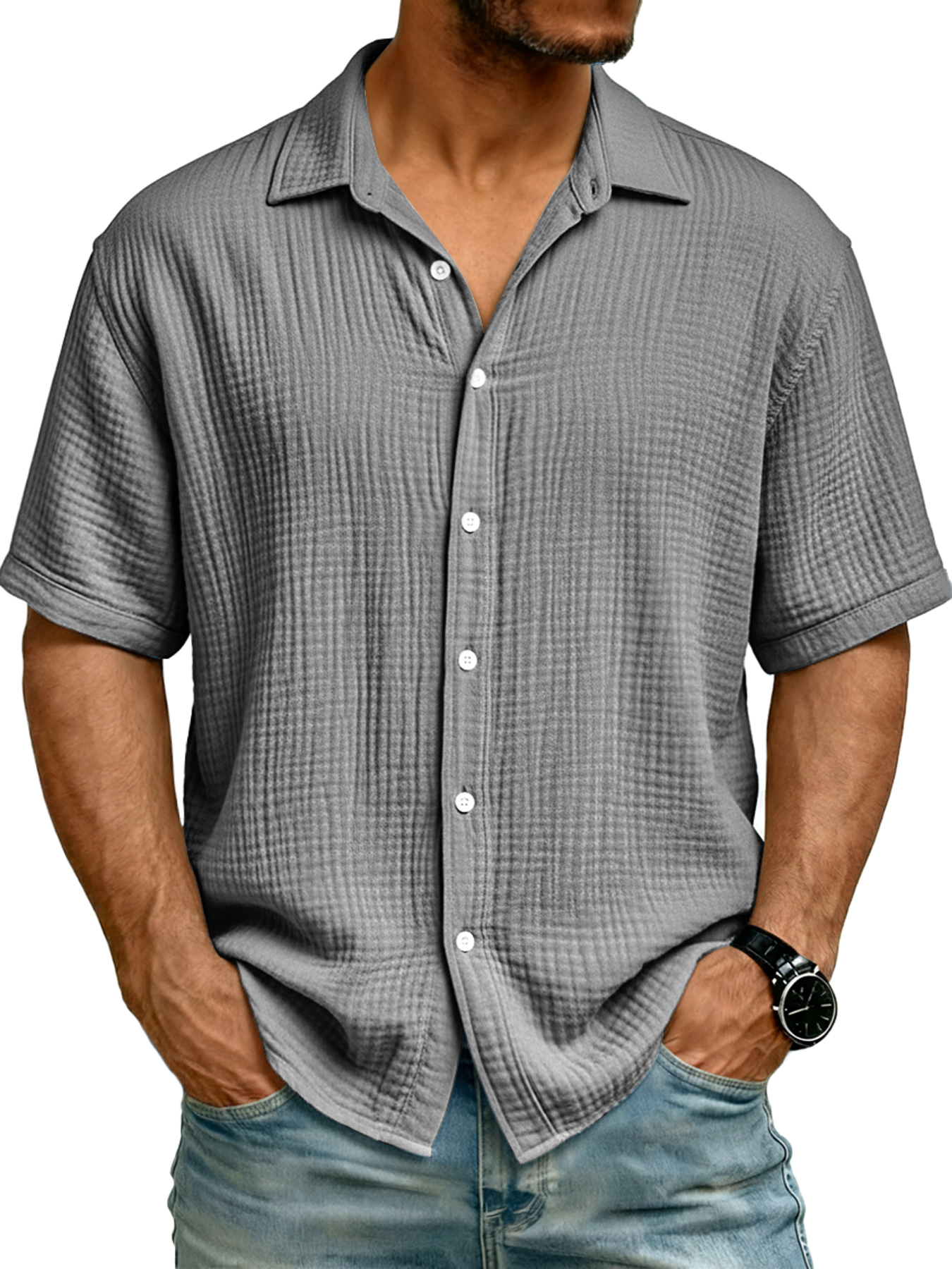 Men's Pure Cotton Comfortable Wrinkled Collar Button Casual Short-sleeved Shirt