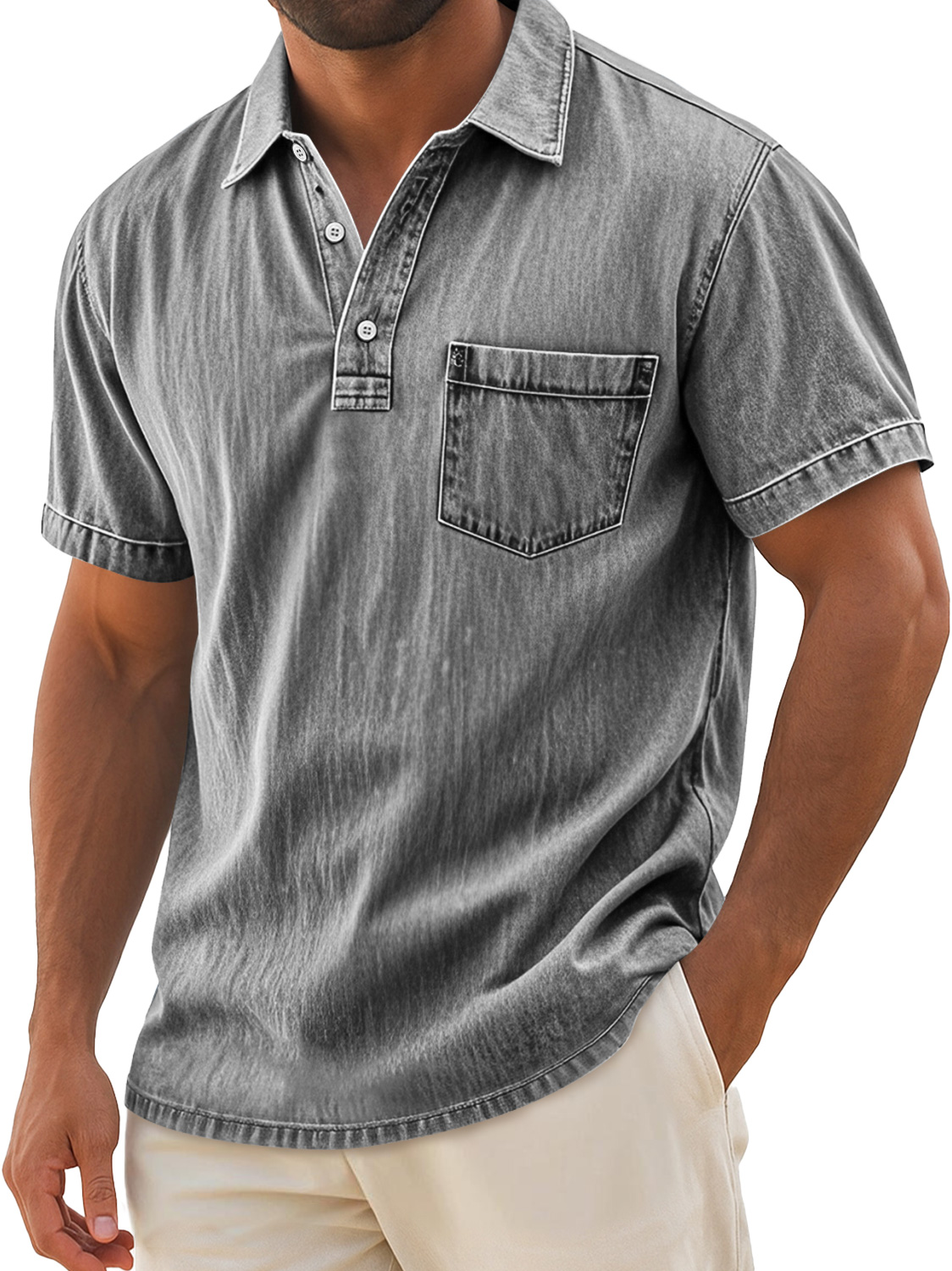 Men's Retro Casual Lapel Pocket Solid Color Short Sleeve Polo Shirt