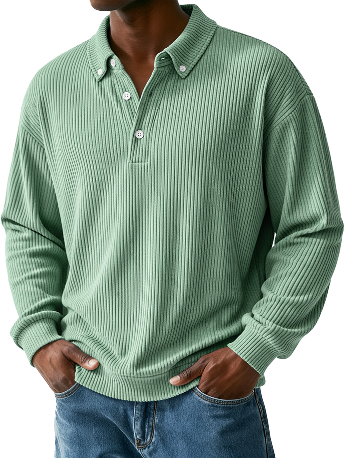 Men's Simple Ribbed Collar Button Casual Long-Sleeve Polo Shirt