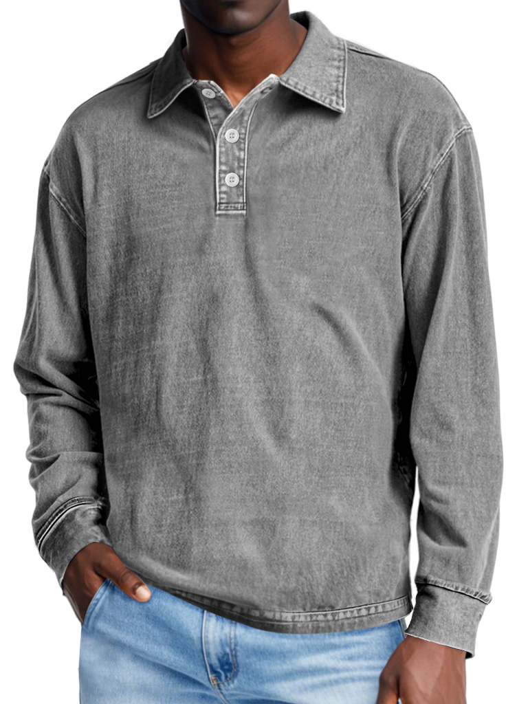 Men's Retro Distressed Lapel Button Casual Solid Color POLO Shirt