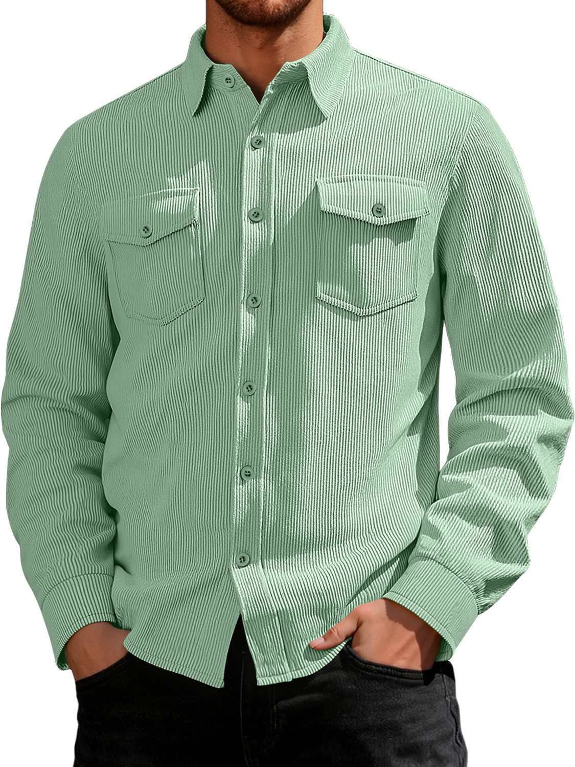 Vintage Corduroy Double Pocket Lapel Button Casual Long Sleeve Shirt