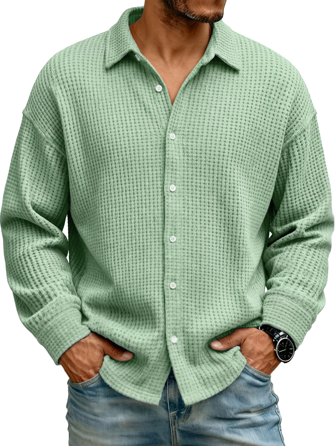 Men's Lapel Waffle Knit Casual Solid Color Long-sleeved Shirt