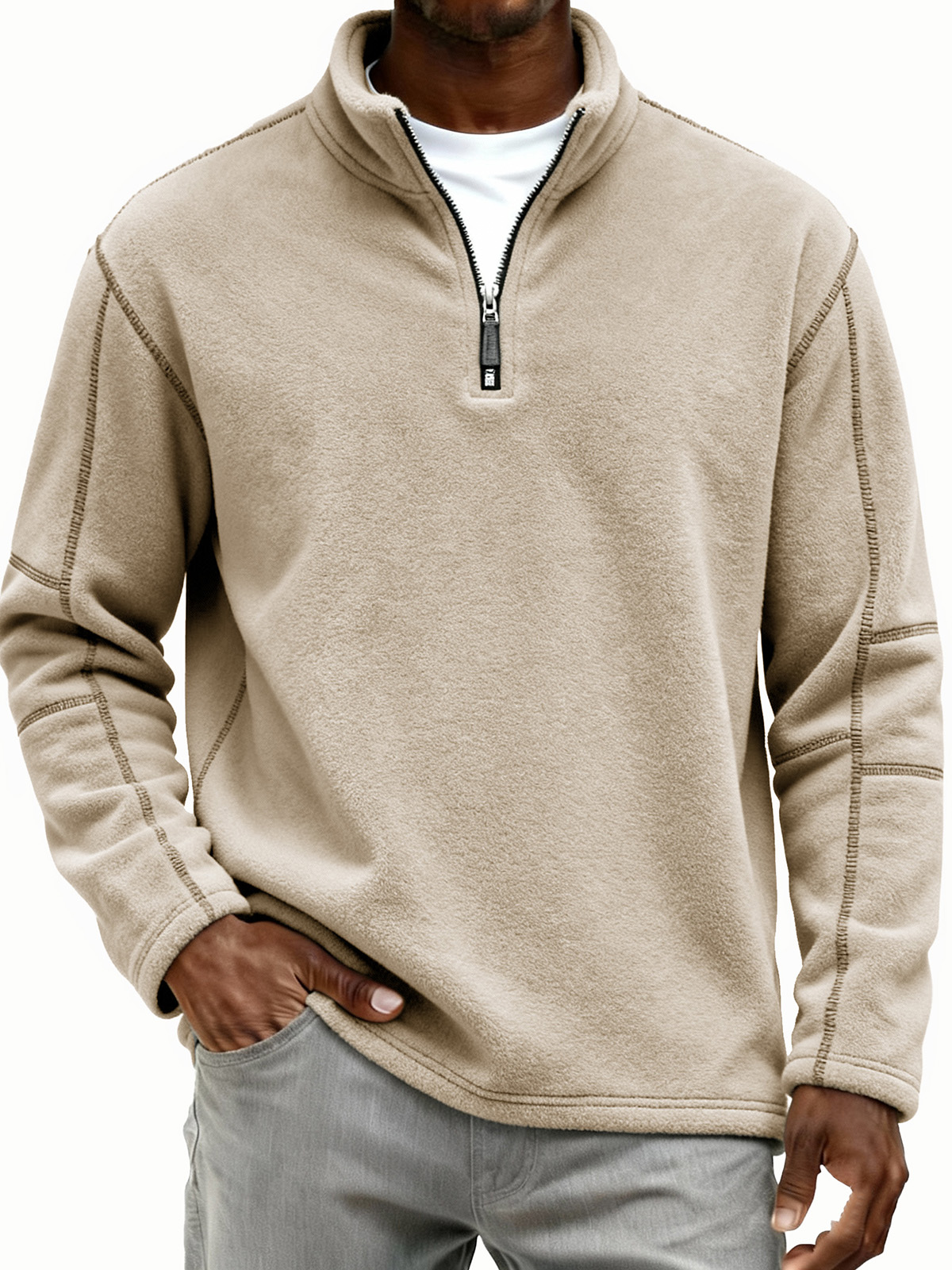 Men's Retro Fashion Lambswool Fabric Stand Collar Zipper Long-Sleeve Polo Shirt