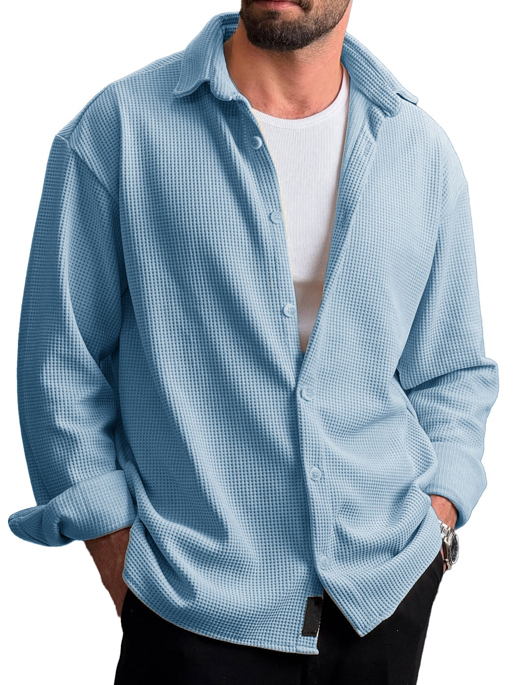 Men's Stylish Everyday Casual Waffle Fabric Lapel Long-sleeved Shirt