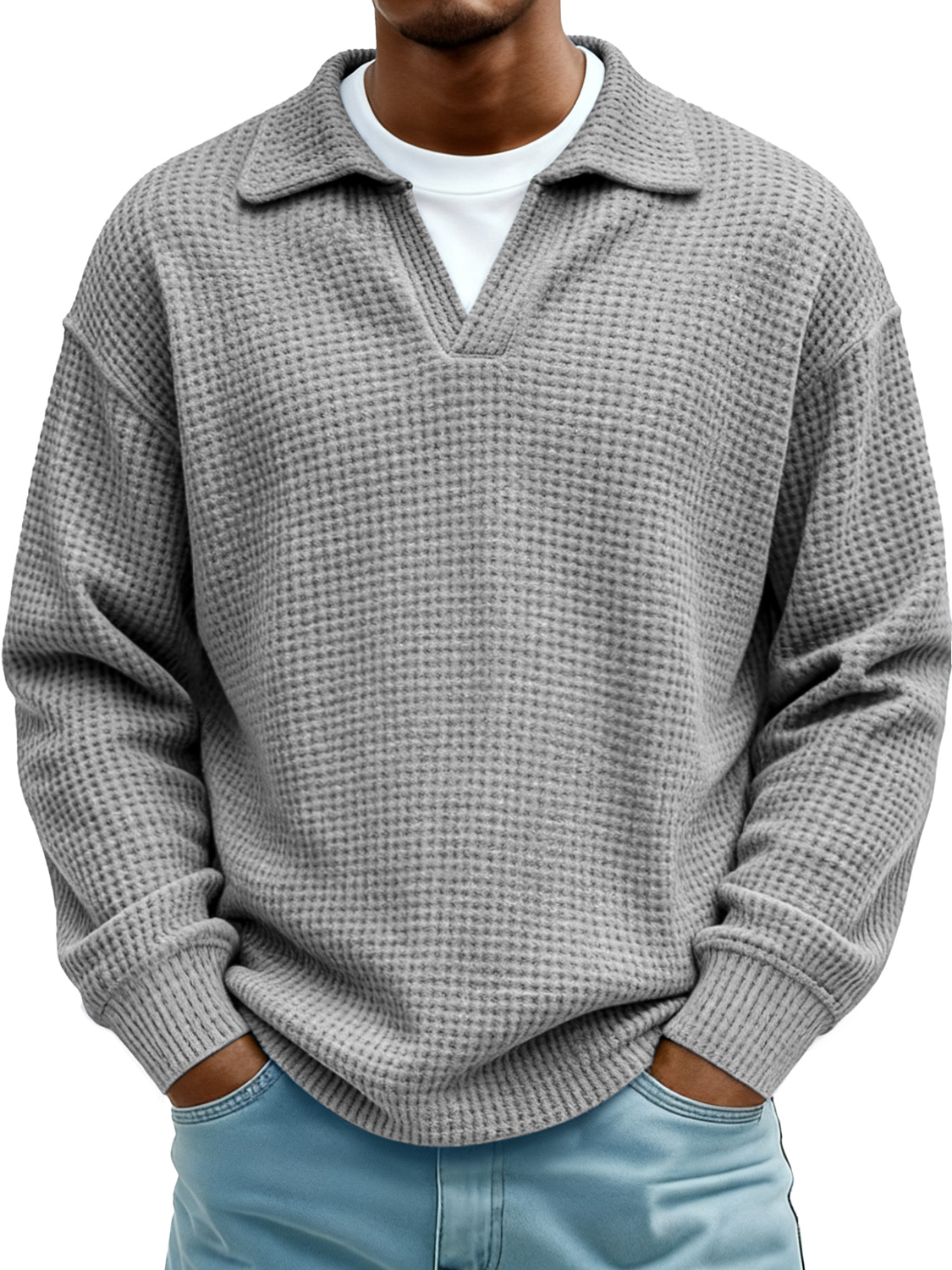 Men's Waffle-knit Faux Two-piece Collared Casual Polo Shirt