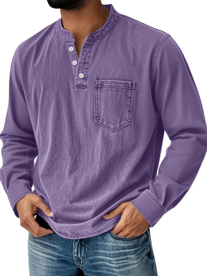 Men's Vintage Basic Washed Distressed Long Sleeve Henley Shirt
