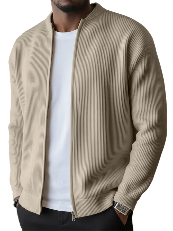 Men's Simple Casual Ribbed Stand Collar Zipper Long Sleeved Jacket