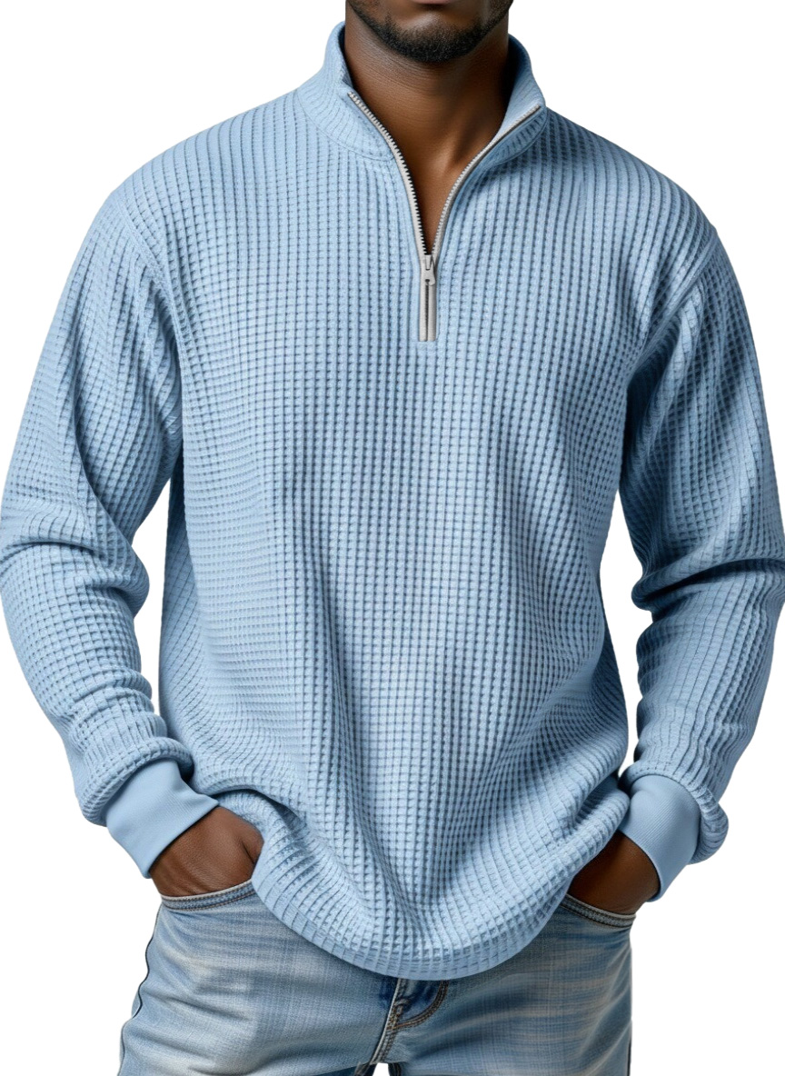 Men's simple basic waffle zipper stand collar long-sleeved POLO shirt
