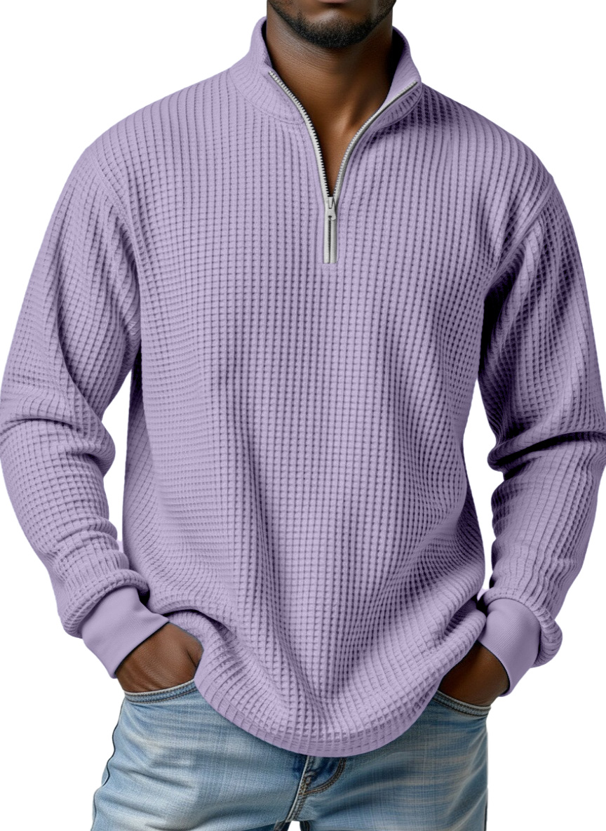 Men's simple basic waffle zipper stand collar long-sleeved POLO shirt