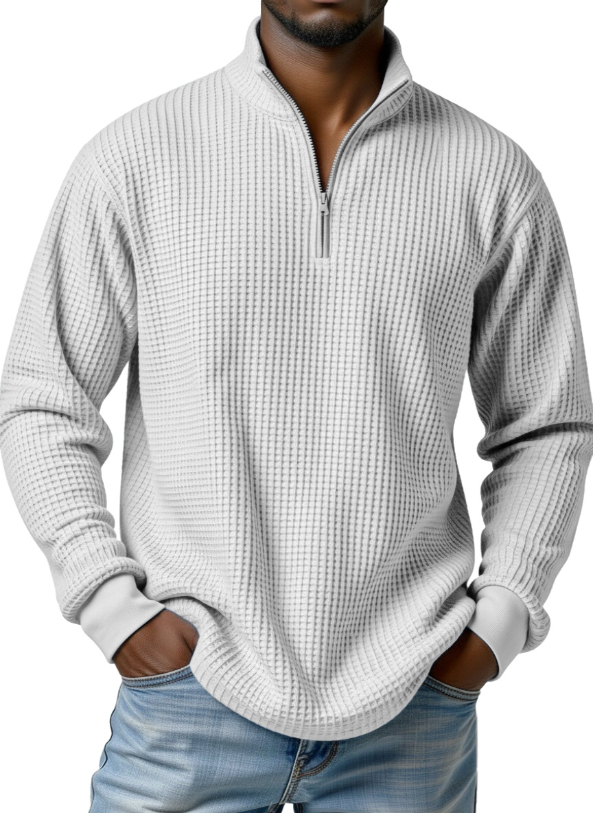 Men's simple basic waffle zipper stand collar long-sleeved POLO shirt