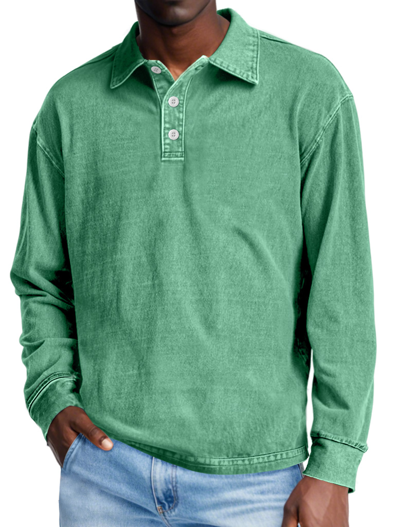Men's Retro Distressed Lapel Button Casual Solid Color POLO Shirt