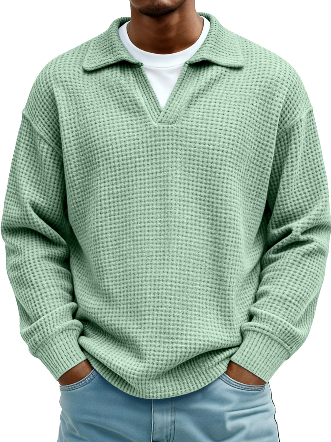 Men's Waffle-knit Faux Two-piece Collared Casual Polo Shirt