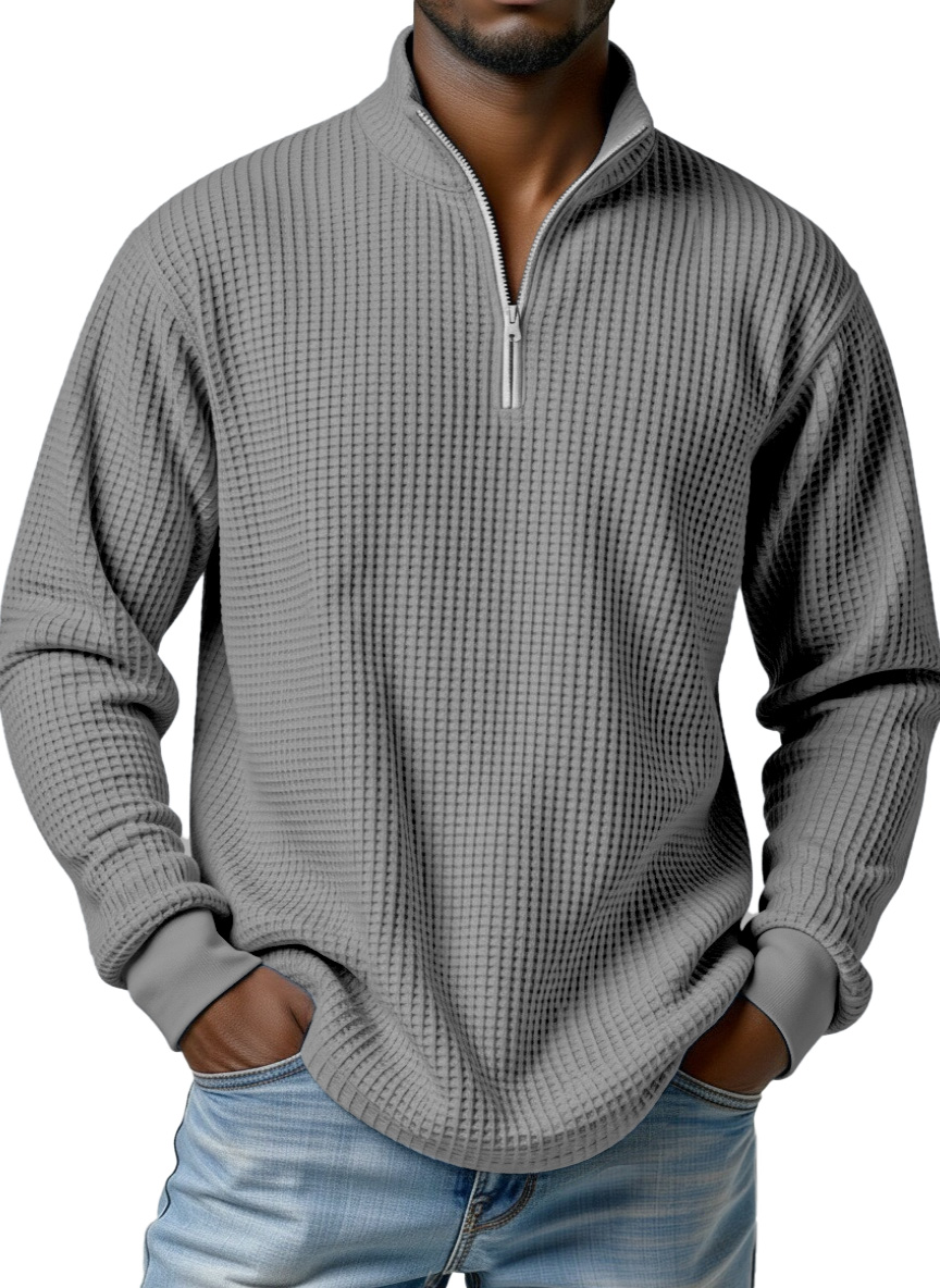 Men's simple basic waffle zipper stand collar long-sleeved POLO shirt