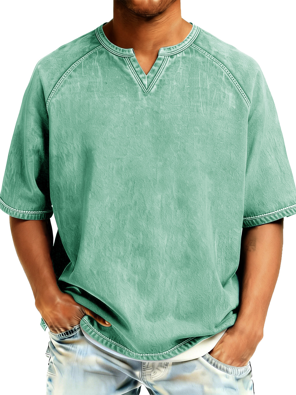 Men's Retro Distressed Raglan V-Neck Short-Sleeve T-Shirt