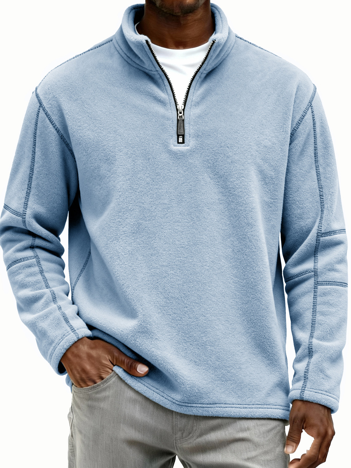 Men's Retro Fashion Lambswool Fabric Stand Collar Zipper Long-Sleeve Polo Shirt