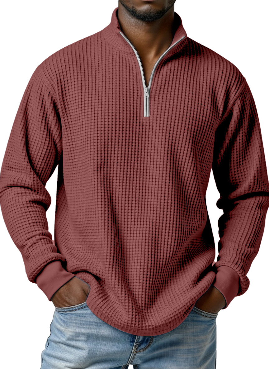Men's simple basic waffle zipper stand collar long-sleeved POLO shirt