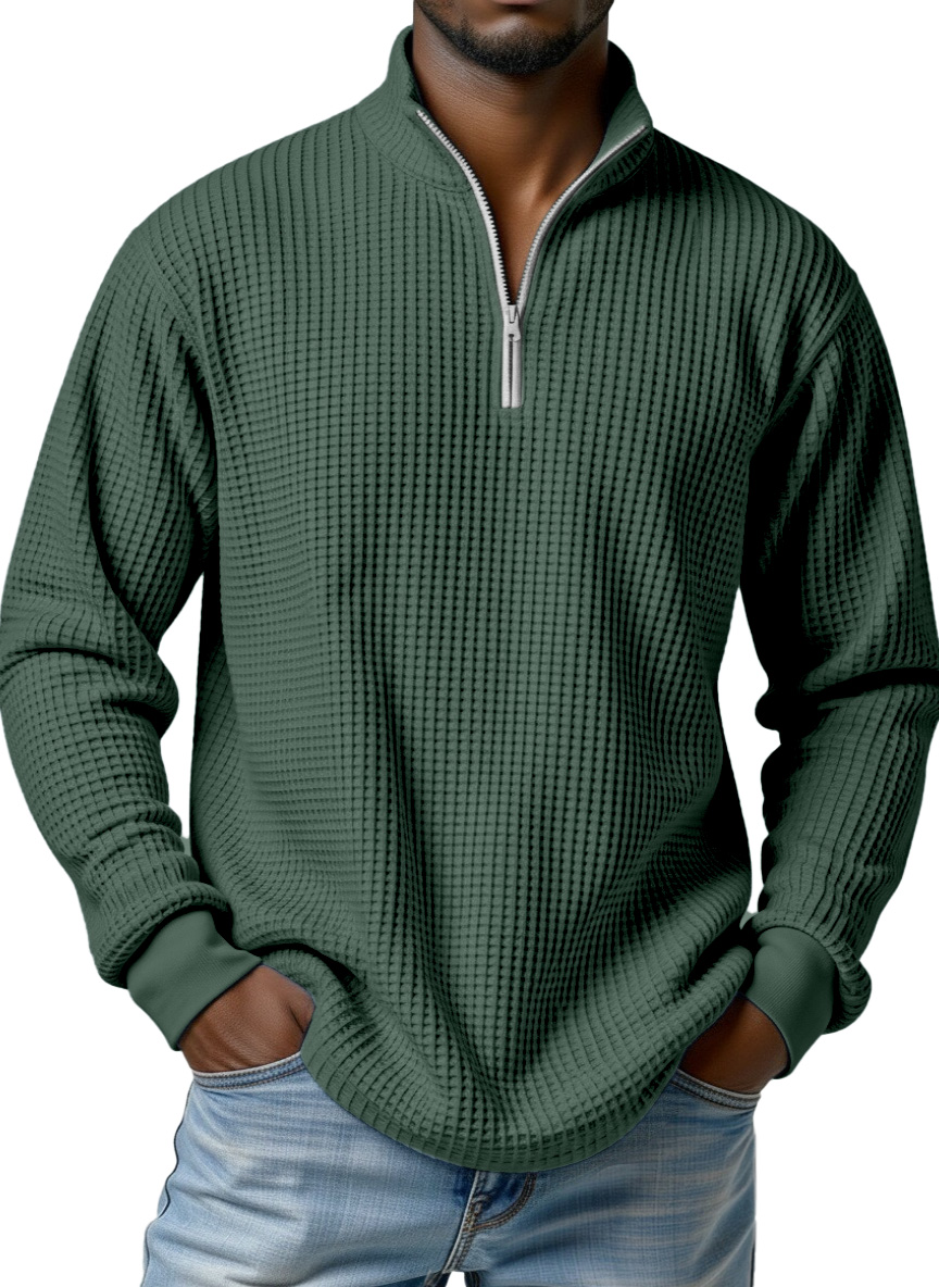 Men's simple basic waffle zipper stand collar long-sleeved POLO shirt