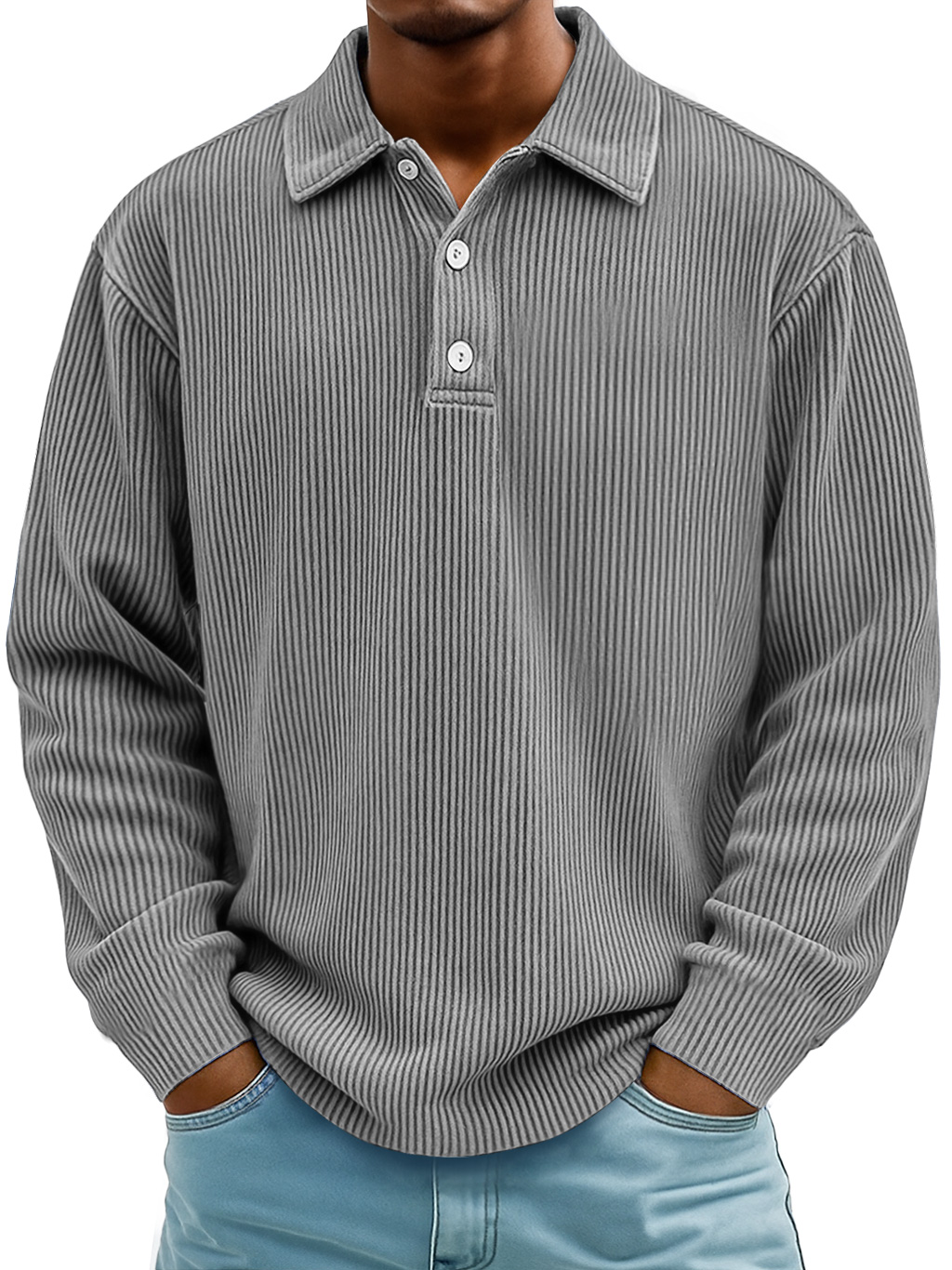 Men's Daily Casual Ribbed Lapel Button-down Loose Long-sleeved Polo Shirt