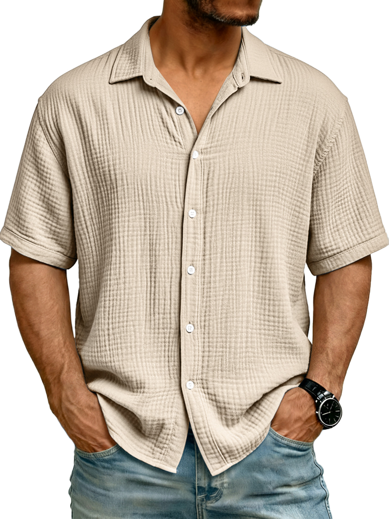 Men's Pure Cotton Comfortable Wrinkled Collar Button Casual Short-sleeved Shirt