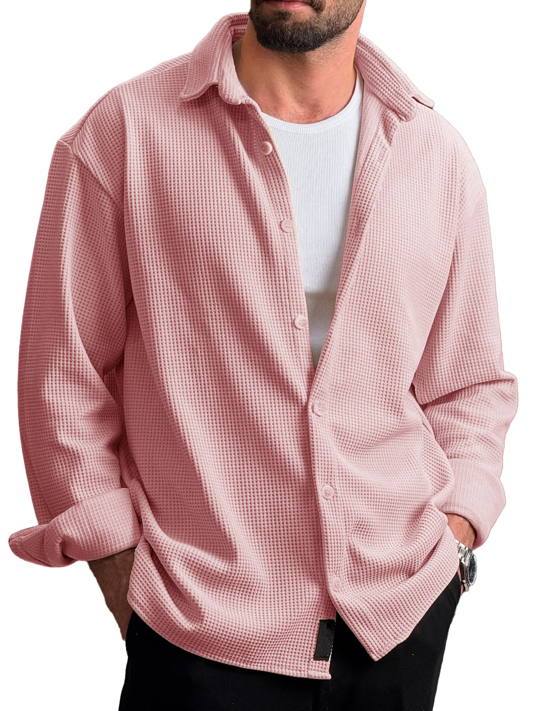 Men's Stylish Everyday Casual Waffle Fabric Lapel Long-sleeved Shirt