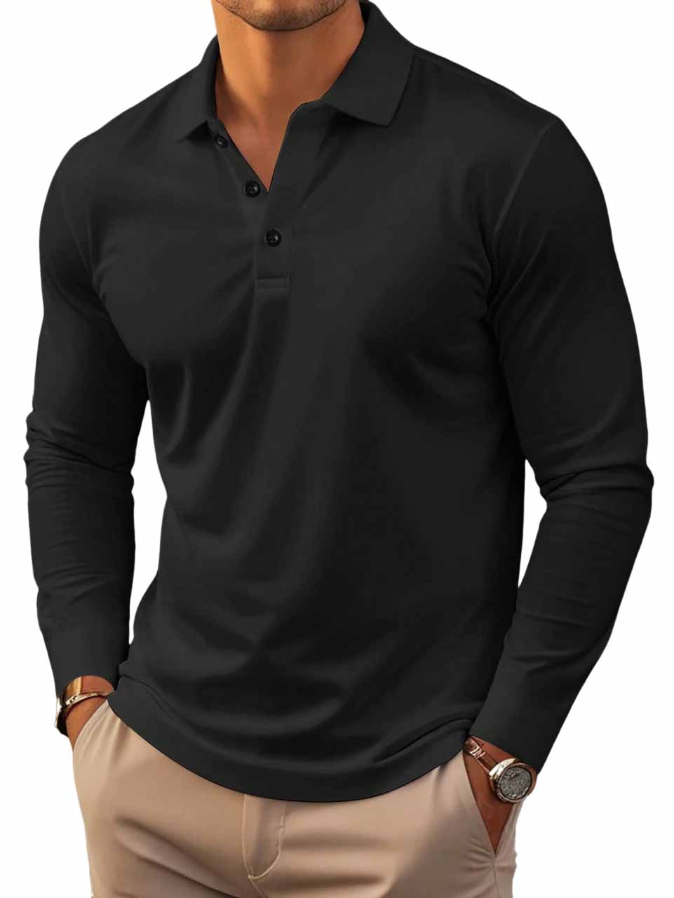 Men's Simple Lapel Long Sleeve Polo Shirt