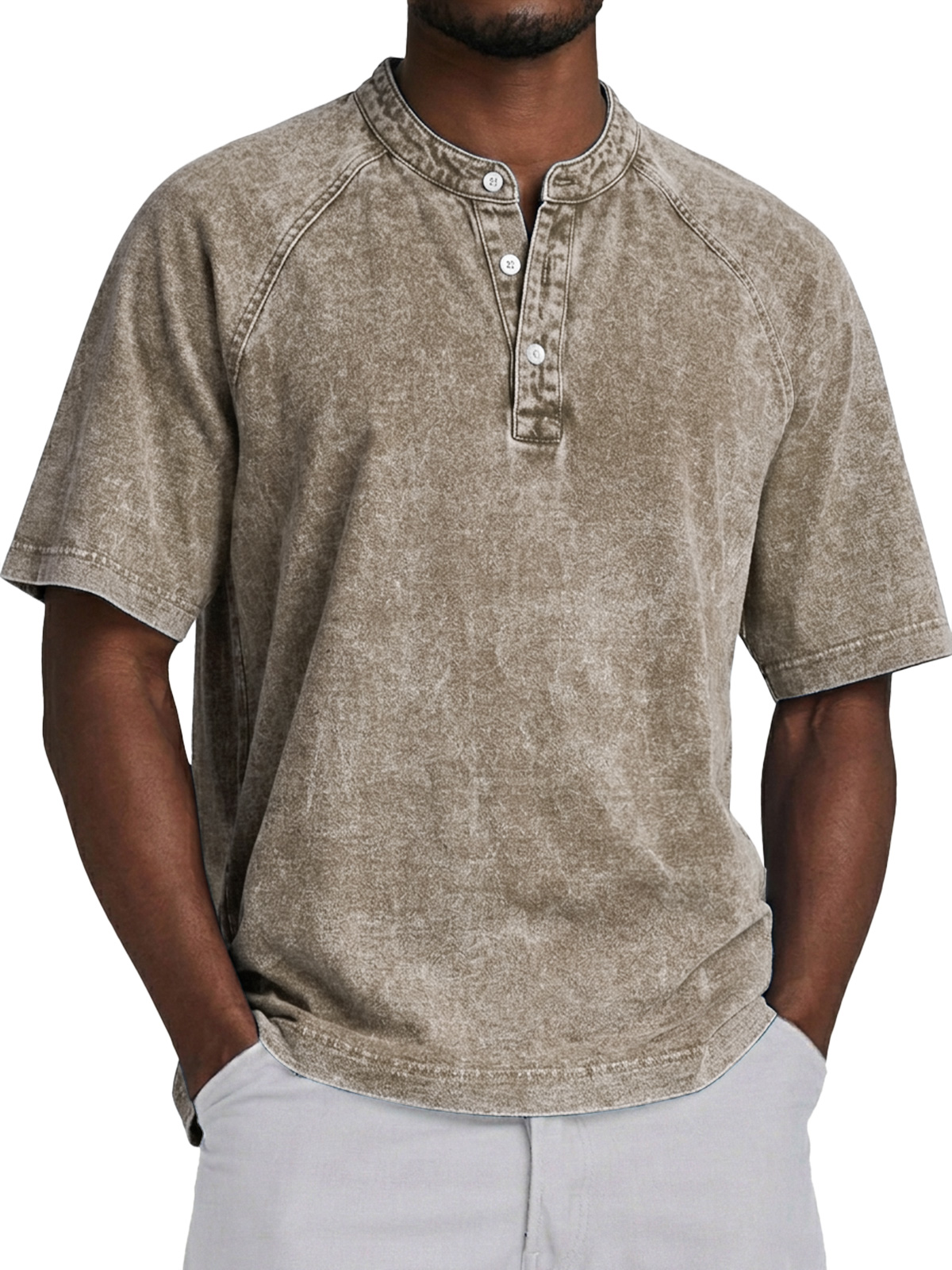Men's Retro Raglan Collar Button Casual Short Sleeve Henley Shirt