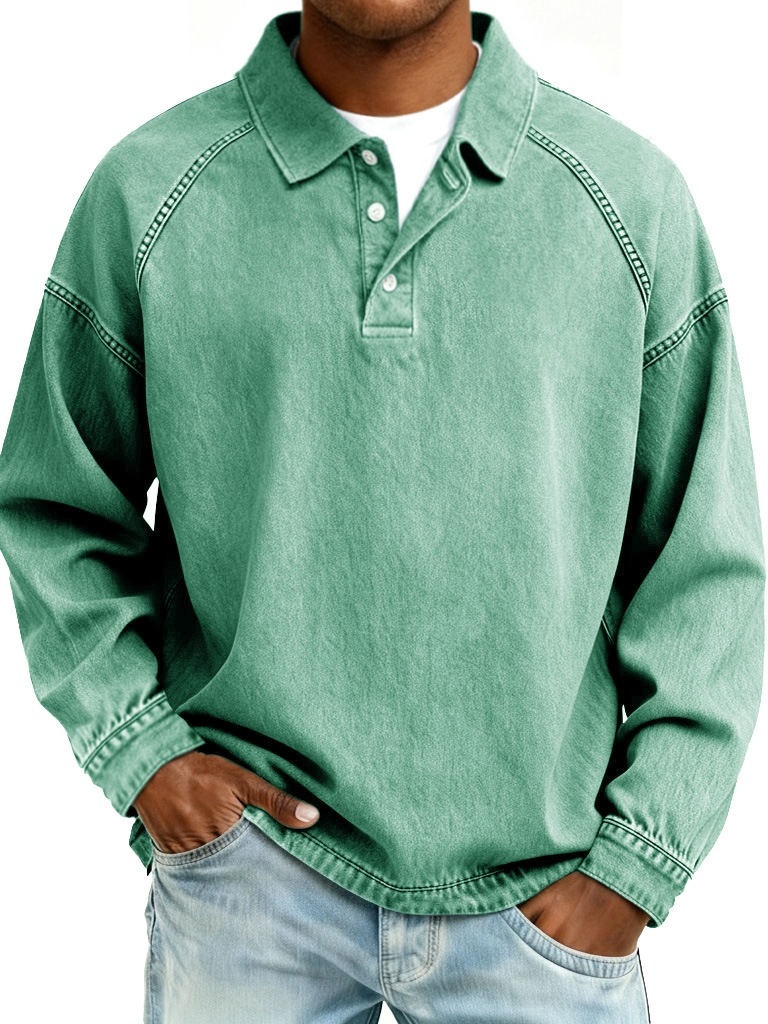 🔥Last Today 70% Off - Men's Retro Fashion Distressed Raglan Sleeve Lapel Long-Sleeve Polo Shirt