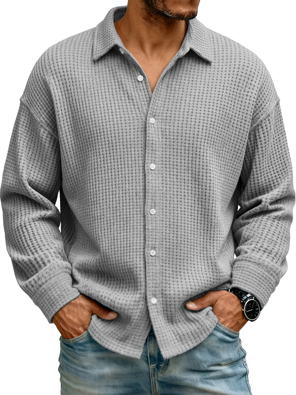 Men's Lapel Waffle Knit Casual Solid Color Long-sleeved Shirt