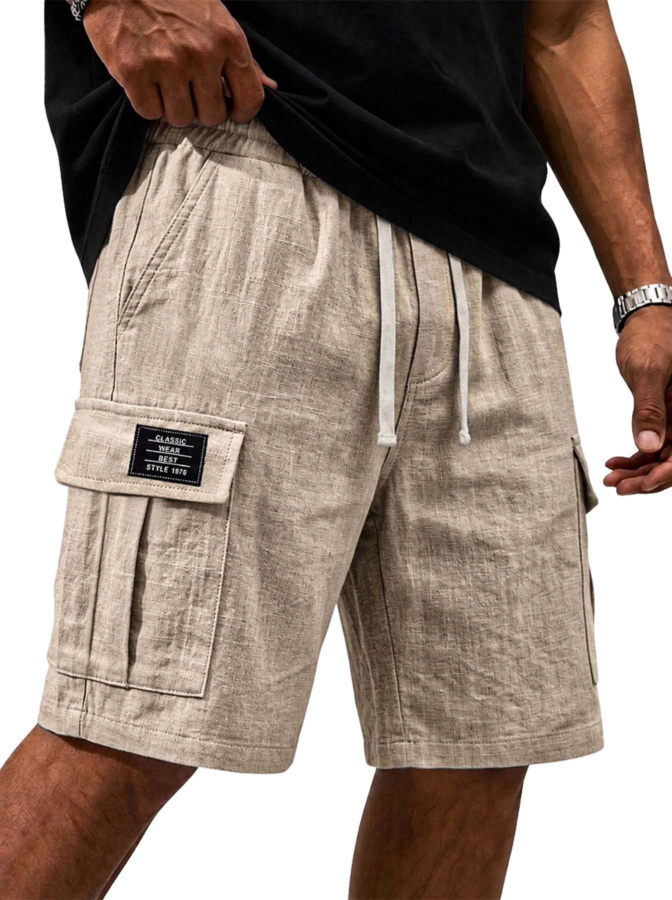 Men's Cotton Linen Embroidered Logo Casual Comfortable Shorts