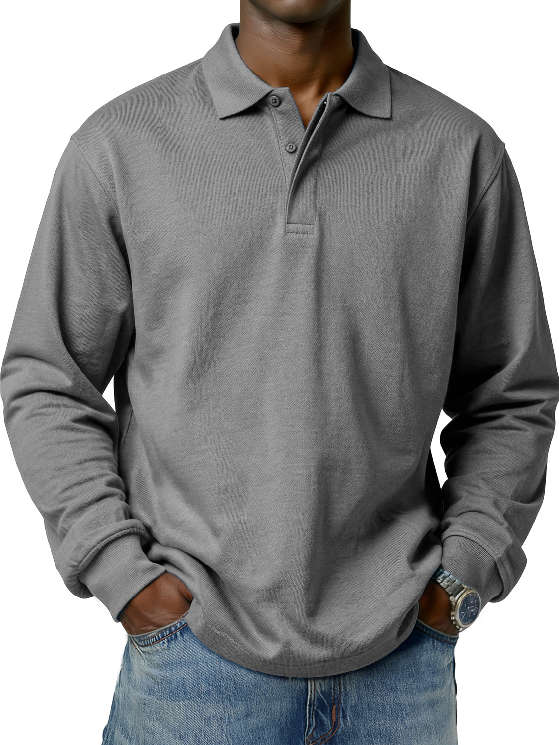 Men's Comfortable and Simple Double-Layer Collar Casual Long-Sleeve Polo Shirt