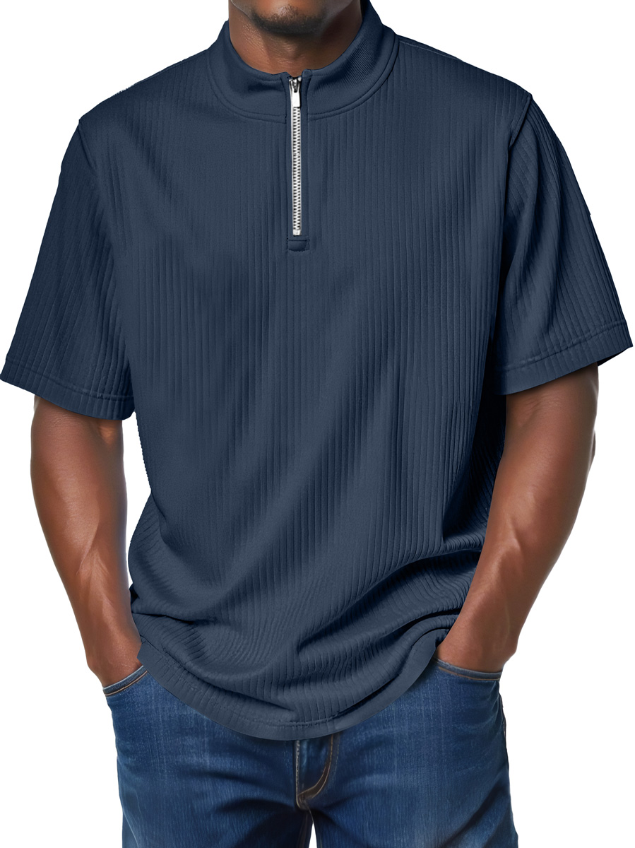 Men's Fashion Stand Collar Zipper Ribbed Texture Casual Comfort Short Sleeve T-shirt