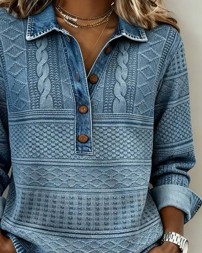Velmora™ | Textured Knit Button-Collar Top